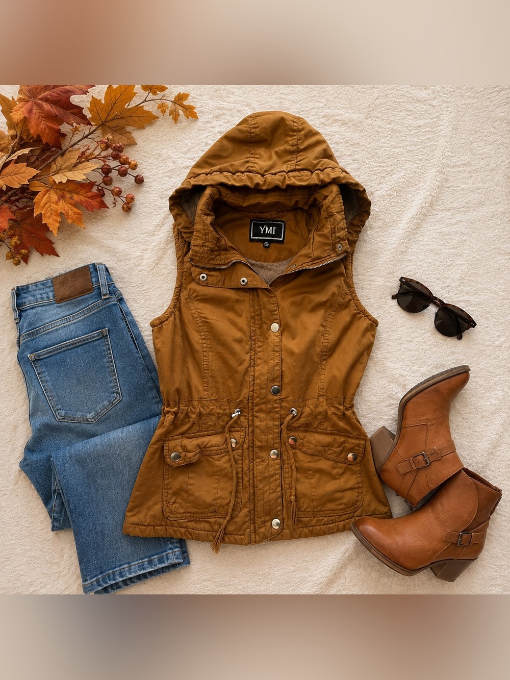 YMI Women’s Faux Fur Lined Hooded Utility Vest Tan Brown Size M